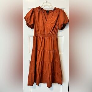 Kate & Lily Rust Color Boho Tiered Midi Dress with Puff Sleeves Size 6